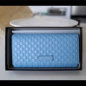 Gucci Micro Guccissima GG Mineral Blue Leather Continental Wallet